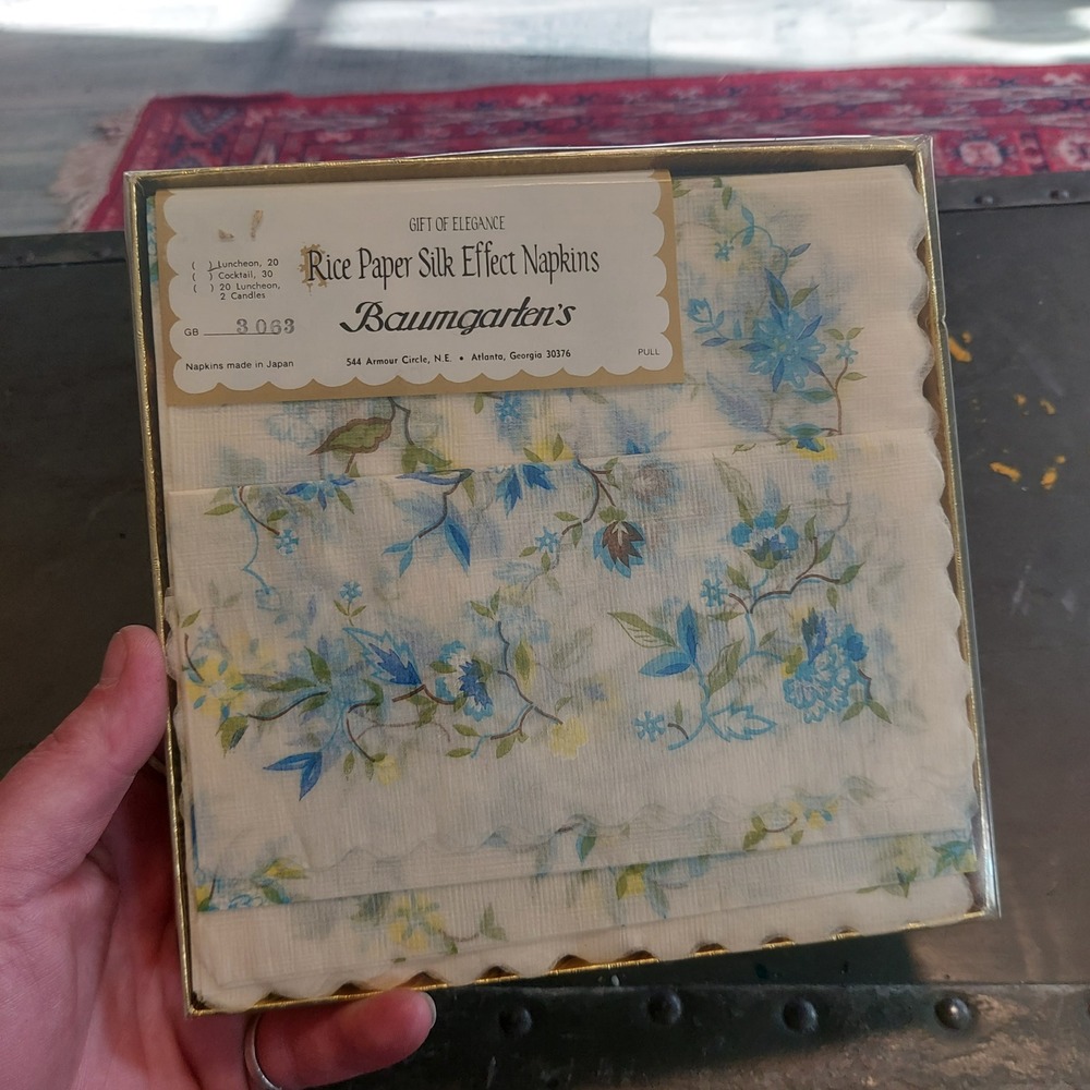 Vintage Baumgarten's Rice Paper Silk Effect Napkins Blue Floral Made in Japan
